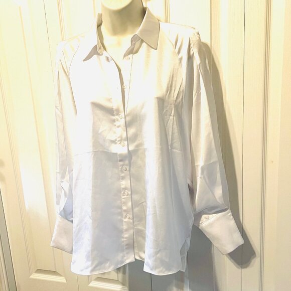 Ellen Tracy Women's X Small White Flowy Sleeves-Collar-Shine-Button Up Long Sl. - Picture 2 of 16